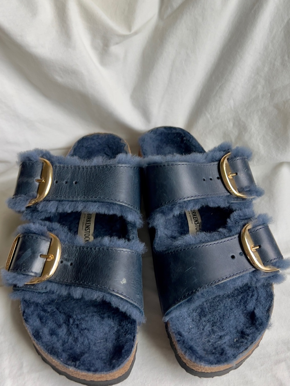 Birkenstock Kids Navy Shearling Arizona Slides with Gold Buckles